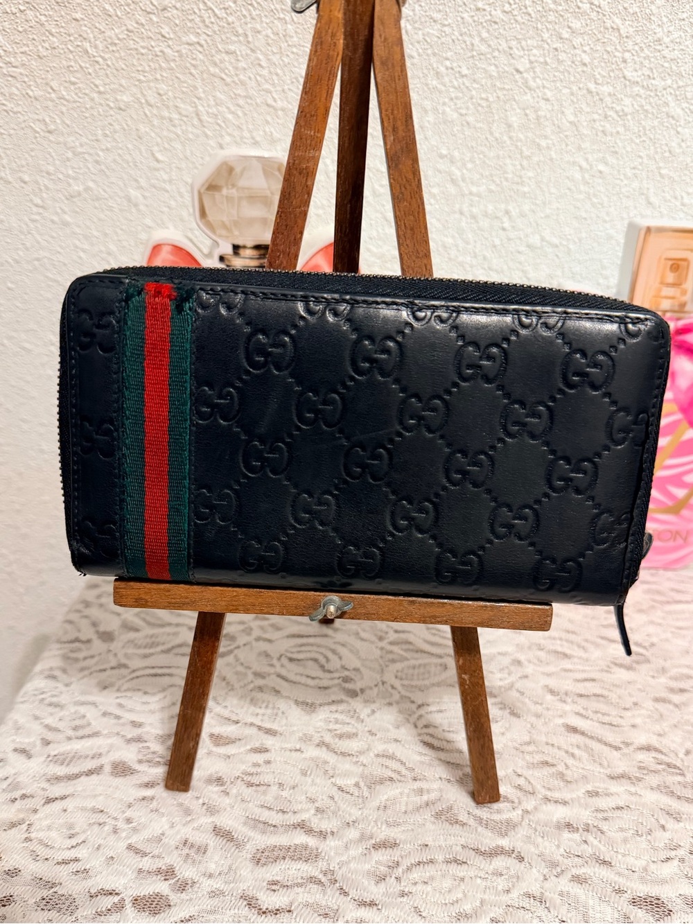 Gucci Black Embossed GG Zip Around Wallet with Green-Red Stripe